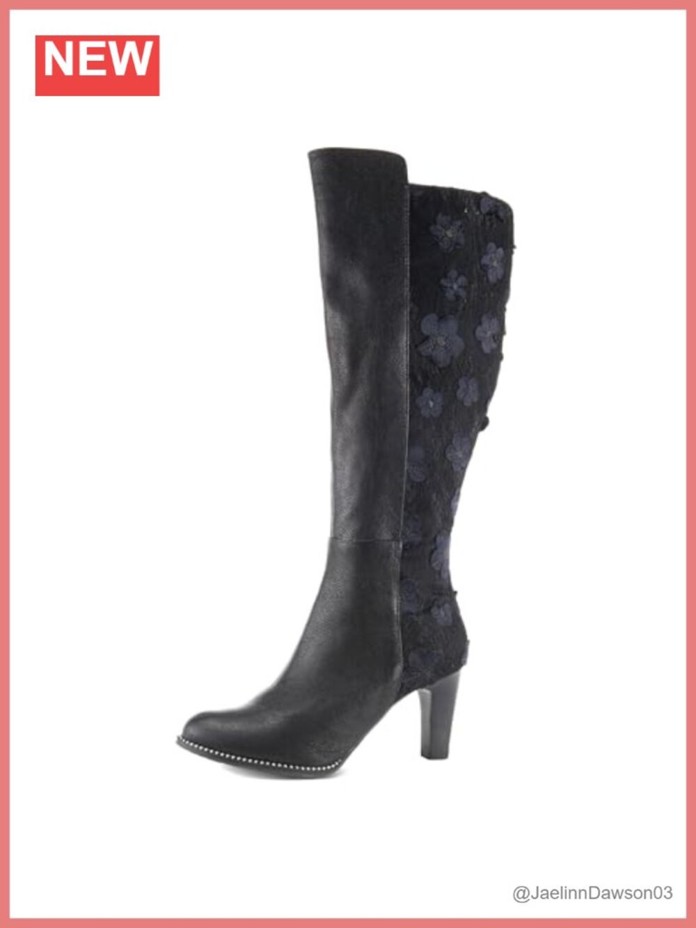 Leather Textile Mid-Calf Bootie Floral Appliqué Lace Studded Heel